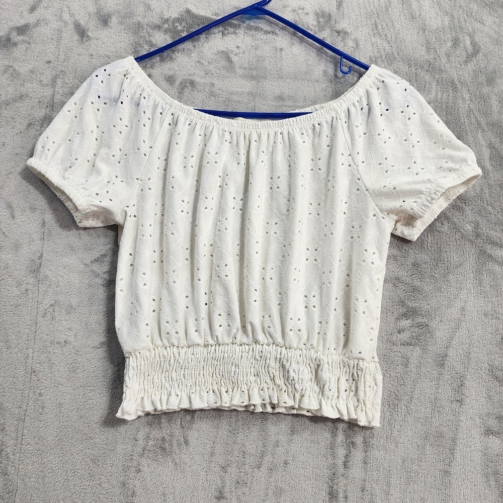 Wild Love Top Womens M White Eyelet Off Shoulder‎ Puff Sleeve Crop Blouse Boho